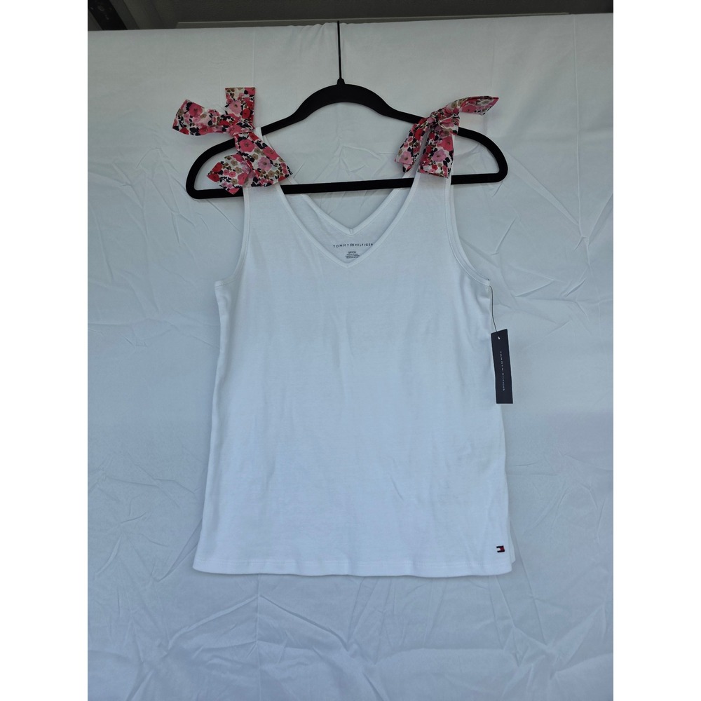 Tommy‎ Hilfiger Womens White V-Neck Tank Top Knit Floral Tie Shoulder  NWT Small